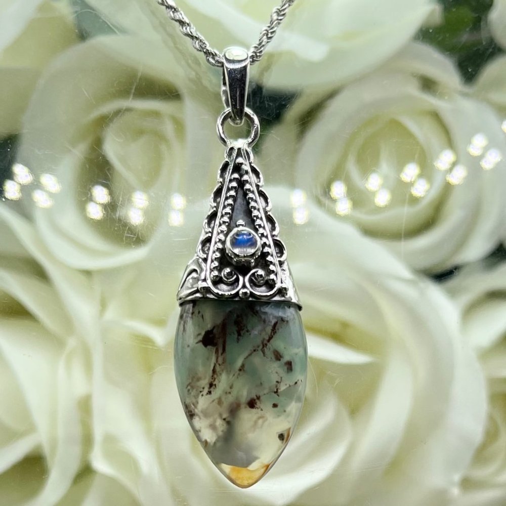 RARE African Aquaprase & Moonstone 925 Silver Owl